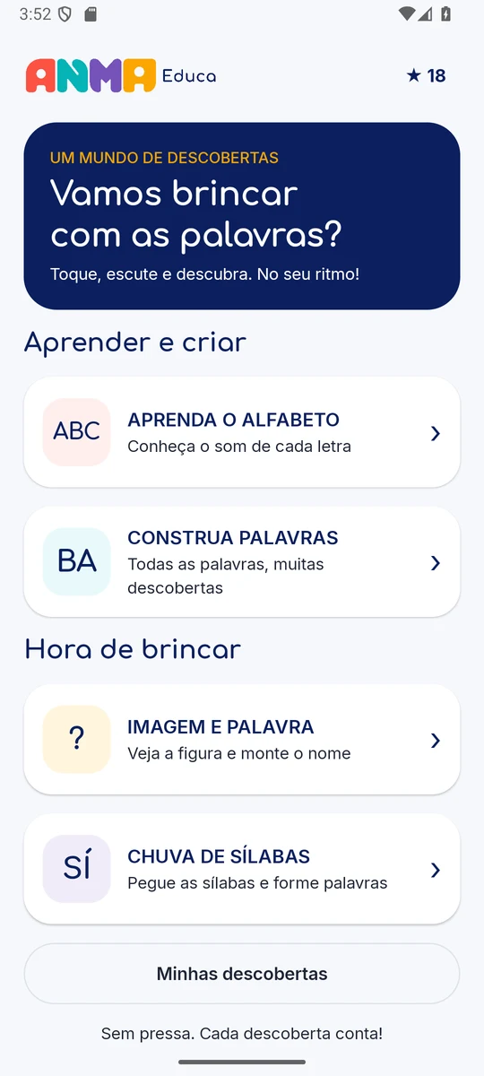 Tela inicial do ANMA Educa 2.0 com alfabeto, construção de palavras, jogos e Minhas descobertas.