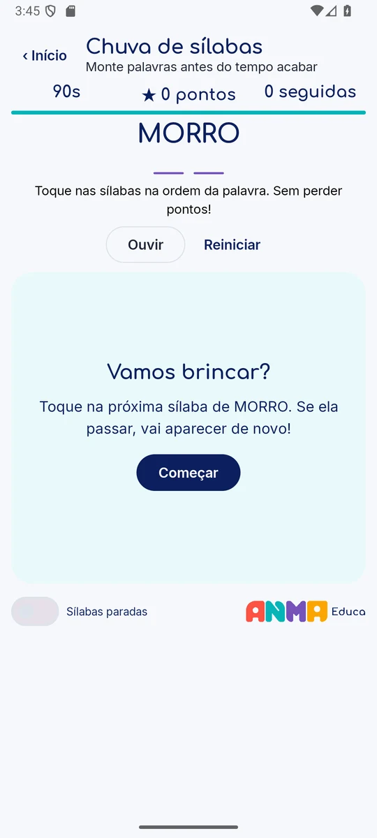 Tela inicial de Chuva de Sílabas com a palavra MORRO, botão Começar e opção Sílabas paradas.